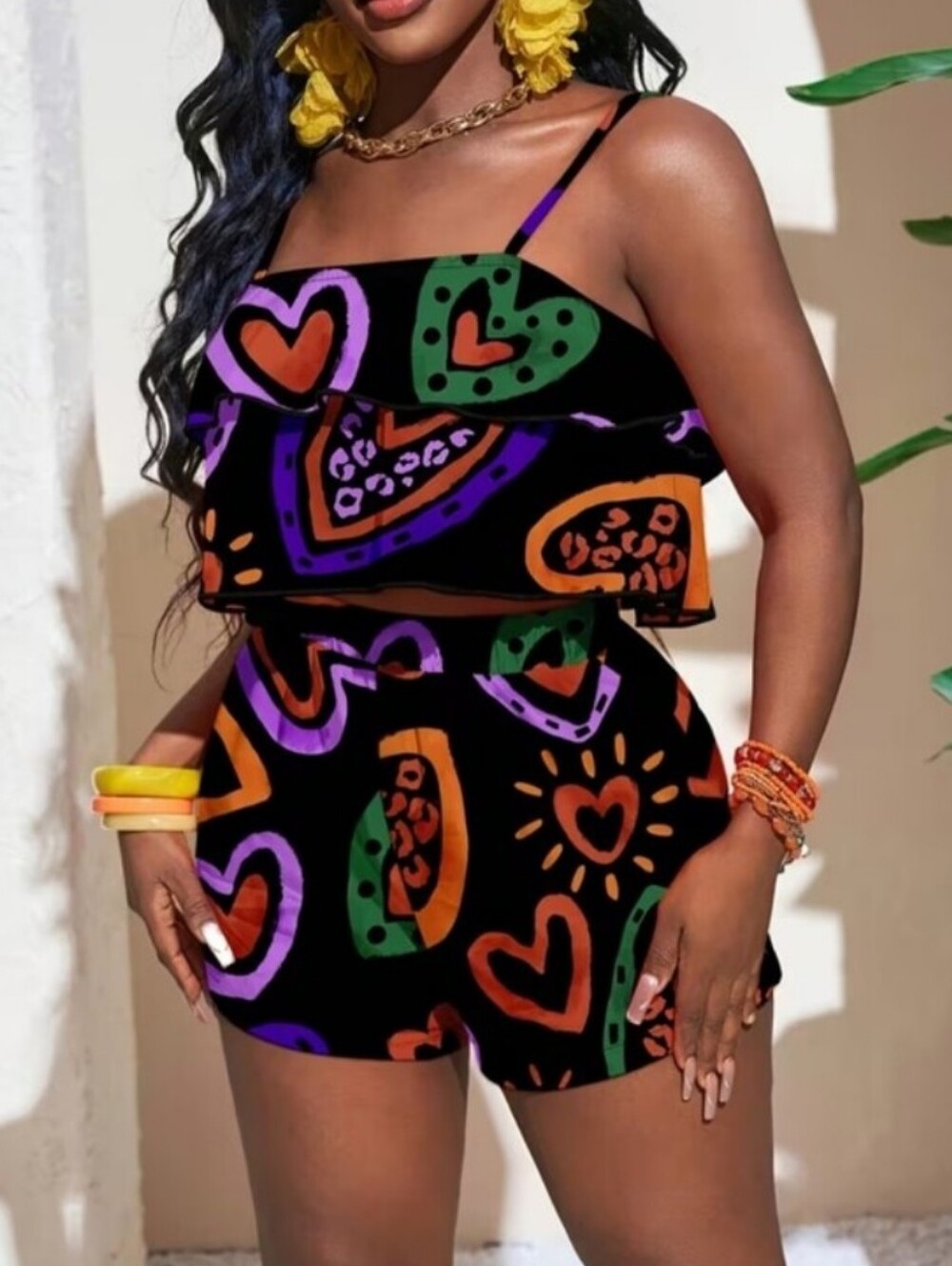 Ladies Bold Heart Print Two-Piece Set - Black with Purple, Green & Orange Size L